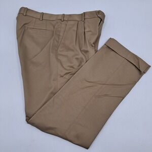 Paul Stuart Men 40x34 Tan Twill Pleated Cuffed Dress Pants Hand Tailored USA